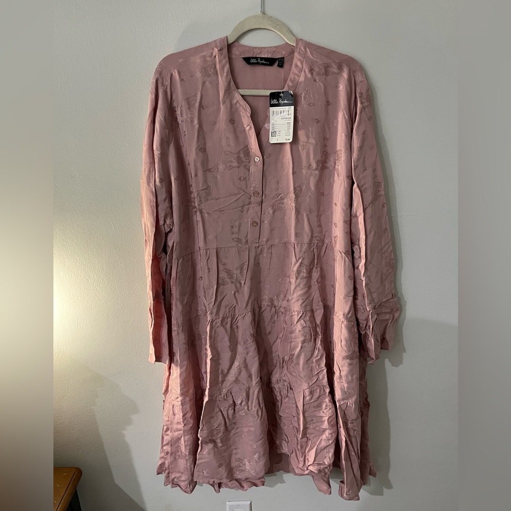 NWT Ulla Popken Pink Jacquard Tiered Midi Shirt Dress Long Sleeve, Size 2XL